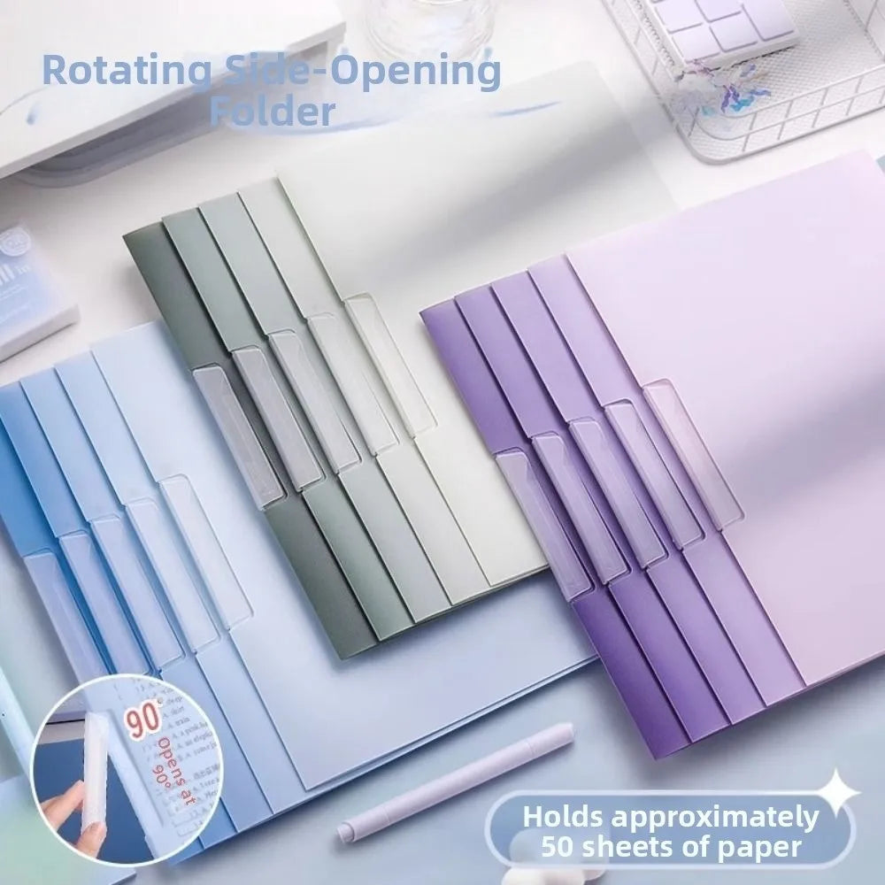 5Pcs Gradient Design Rotating Side Opening Folder Waterproof Dustproof A4 File Folder Plastic with Label Test Paper Storage Clip