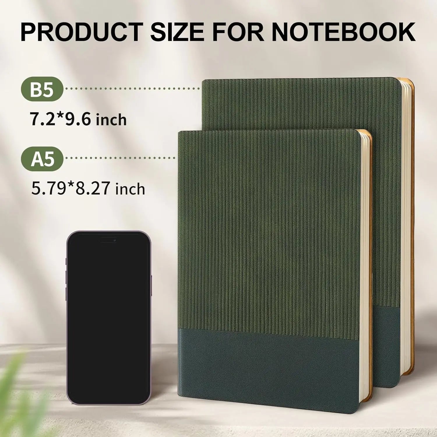 A5 Lined Journal Notebook, PU Leather Cover, 216 Pages for Work, College, Daily Writing - Dark Green