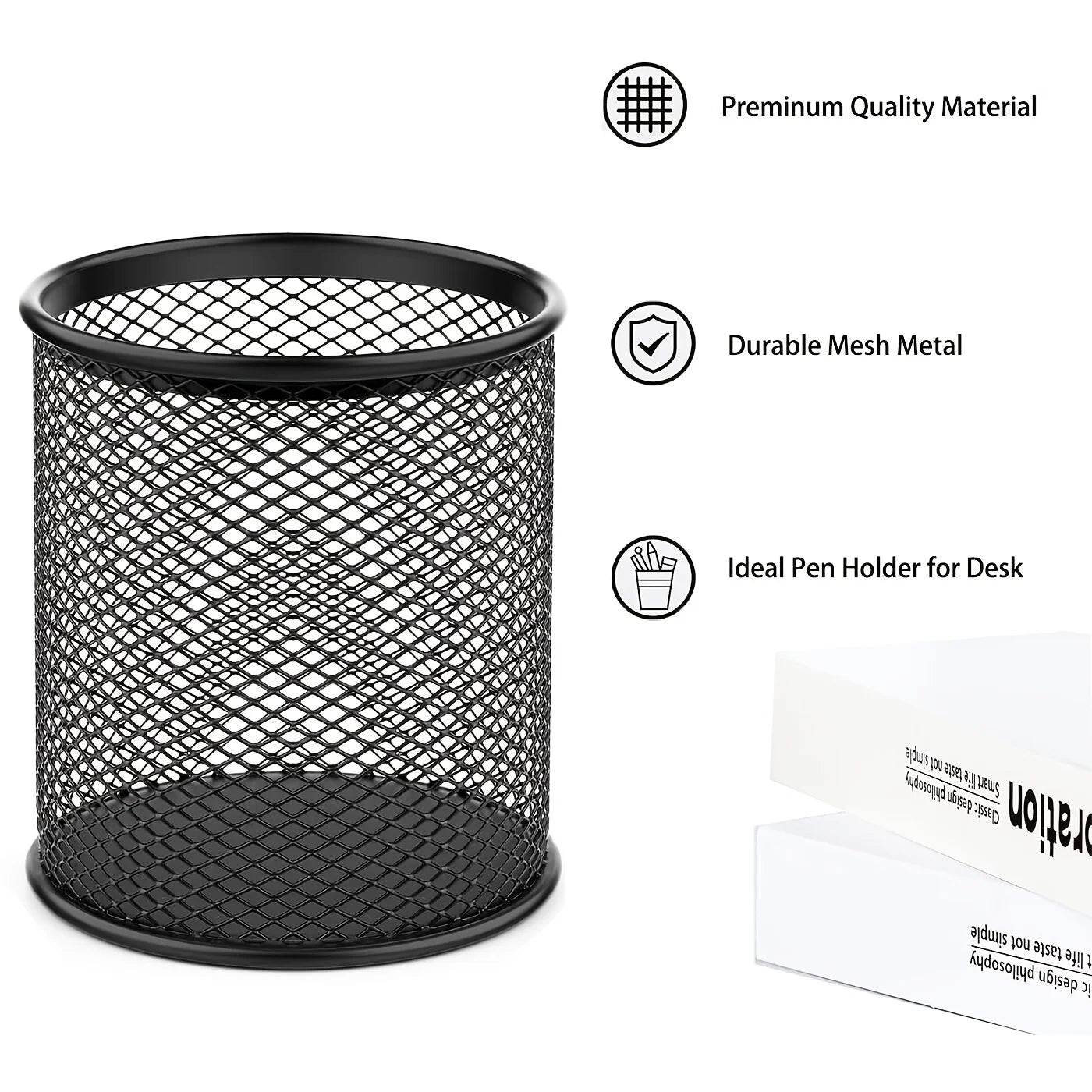 4pcs Black Metal Wire Mesh Pen Holders - Round Desk Organizer with Open-Top Design, for Office & Home Desktop Storage