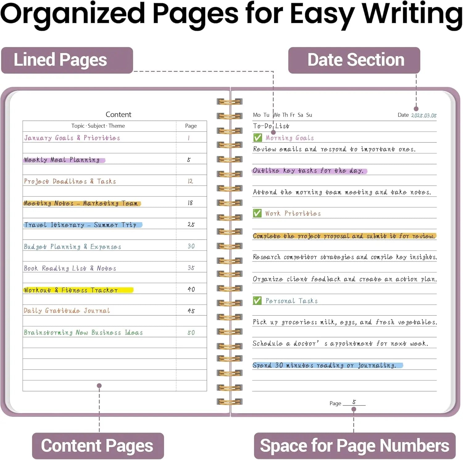 A5 Spiral Notebook with Hardcover, College Ruled for Journaling and Planning, Purple Design