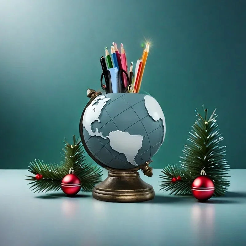 Creative Globe Pen Holder Resin Desk Organizer for Office and Home Decor Unique Geographic Pen and Pencil Storage